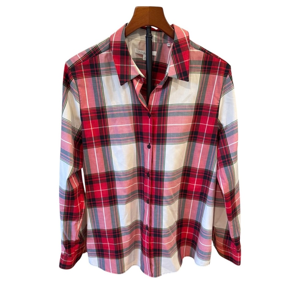 Foxcroft Wrinkle Free Plaid Button Down Shirt Red White Black Women 16 EUC